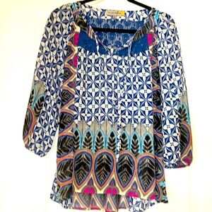 Anthropologie Fig & Flower Boho Top SM Floral Sheer Lace 3/4 Sleeve